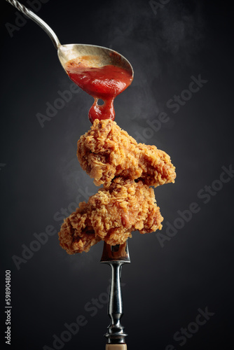 Fried chicken with ketchup on a fork.