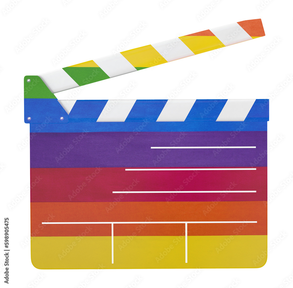 Movie industry. Clapperboard on transparent background. LGBT colors clapperboard, png isolated background