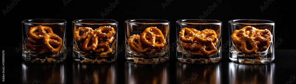 Glasses Of Pretzelson Black Background Wde Panoramic. Generative AI