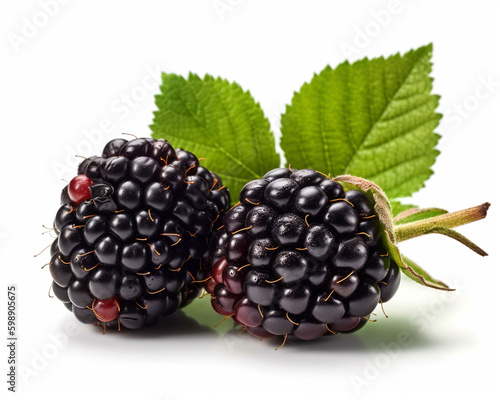 Macro shot of a fresh delicious ideal  bunch of blackberry, with green leaves, isolated on a white background, photorealism, minimalism, food photography