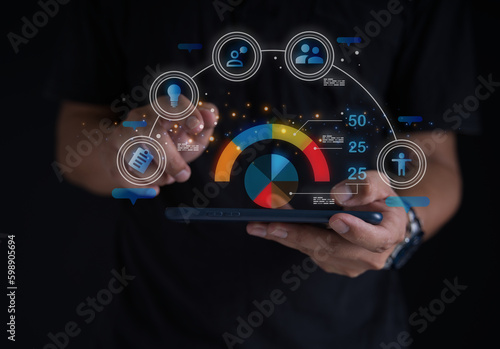 Smart digital marketing data management concept, Businessman use the laptop to work on marketing analysis chart strategic planning for sustainable development and financial and investment competition.