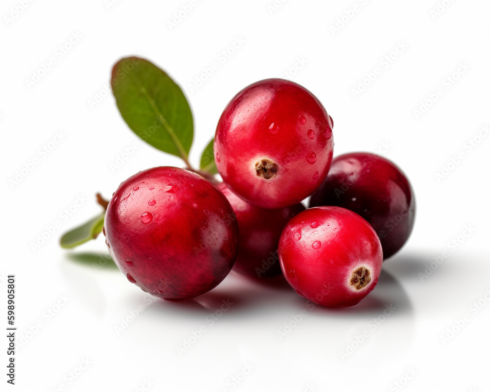 Macro shot of a fresh delicious ideal cranberry with green leaves, isolated on a white background, photorealism, minimalism, food photography Macro shot of a fresh delicious ideal cranberry with green leaves, isolated on a white background, photorealism, minimalism, food photography