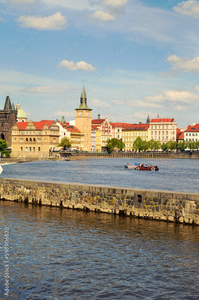 Scenic view on Vltava river and historical center of Prague