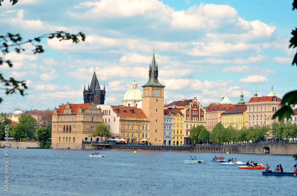 Scenic view on Vltava river and historical center of Prague