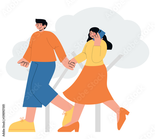 Happy couple walking together outdoor. Woman talking smartphone. Flat vector minimalist illustration of relationship and people