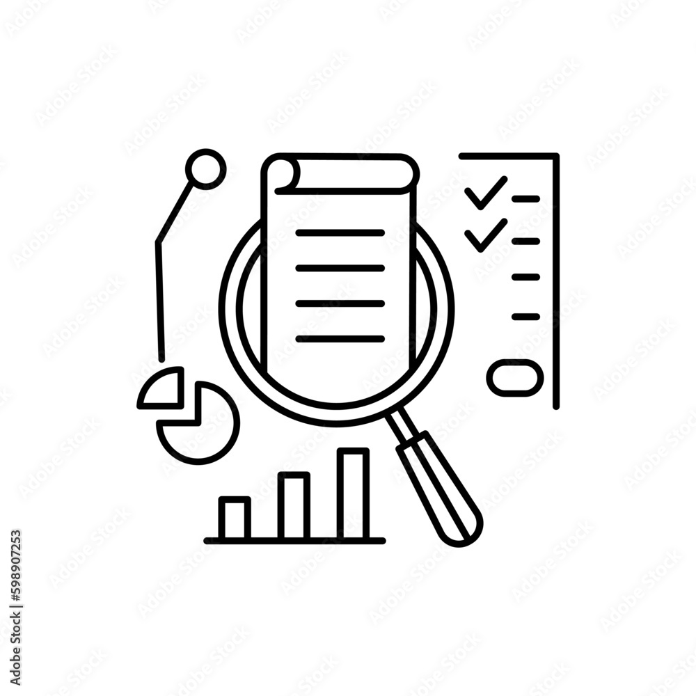 Increase income icon with thin line magnifier and doc. outline trend stroke lineart web element for graphic design. simple pictogram for paperwork or finance plan or tax policy statistic with summary Increase income icon with thin line magnifier and doc. outline trend stroke lineart web element for graphic design. simple pictogram for paperwork or finance plan or tax policy statistic with summary