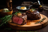 juicy grillet fillet mignon with butter on rustic wooden table with vegetables. Ai generative