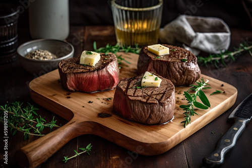 juicy grillet fillet mignon with butter on rustic wooden table with vegetables. Ai generative photo
