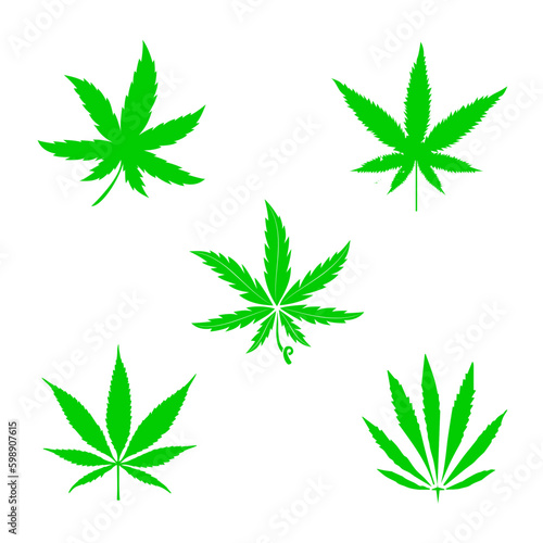 Cannabis leafs vecteurs set - five familly cannabis variety - sativa - indica, ruderalis, CBD, hemp