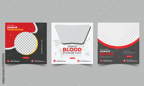 World donor day set of posters, Give life to be a hero, Charity of Blood donor flat design for poster and banner. Blood donation social media post template design