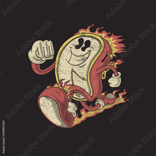 retro cartoon mascot of running clock