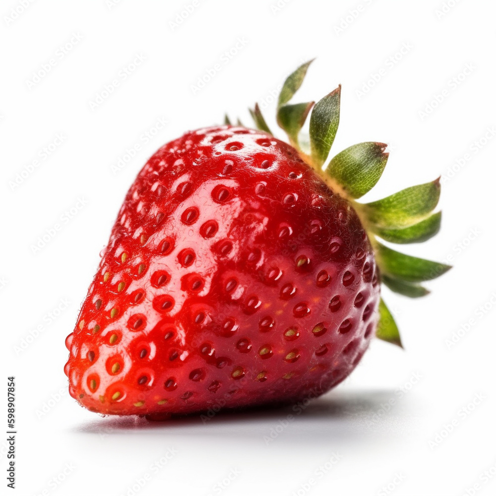 Macro shot of a fresh delicious ideal strawberry with green leaves, isolated on a white background, photorealism, minimalism, food photography Macro shot of a fresh delicious ideal strawberry with green leaves, isolated on a white background, photorealism, minimalism, food photography