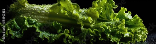 Escarole With Droplets Standing On Black Background Wide Panoramic. Generative AI