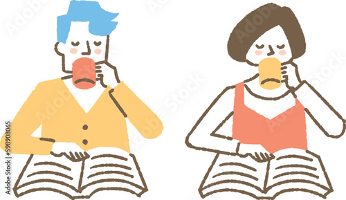 コーヒーを飲みながら本を読む男女_色