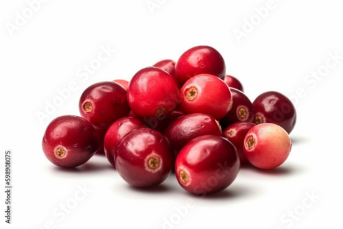 Macro shot of a fresh delicious ideal cranberry bunch, isolated on a white background, photorealism, minimalism, food photography