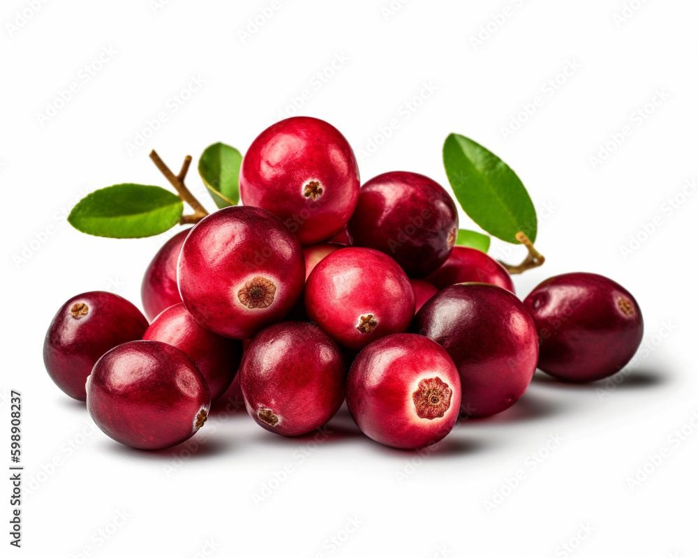 Macro shot of a fresh delicious ideal cranberry with green leaves, isolated on a white background, photorealism, minimalism, food photography Macro shot of a fresh delicious ideal cranberry with green leaves, isolated on a white background, photorealism, minimalism, food photography