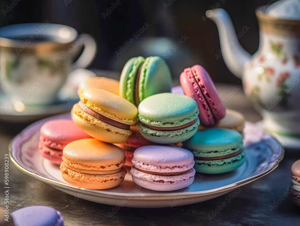 Obraz premium Sweet and colourful french macaroons on retro-vintage background. Ai generated