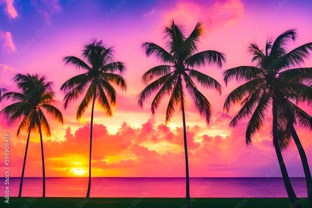 Photography scenic view of  coconut palms tree, sea, with colorful sunset sky background of tropical paradise island