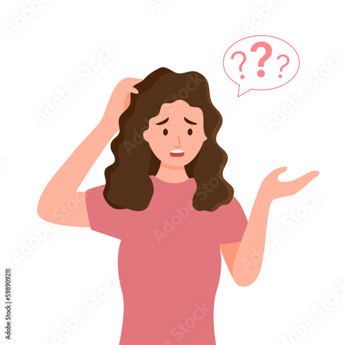 Confused woman scratching her head with question mark in flat design on white background.