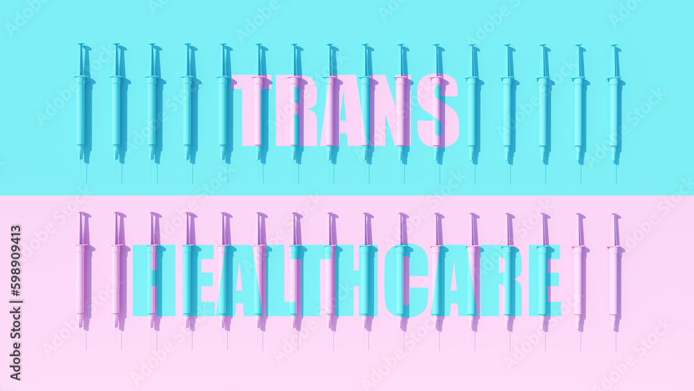 Trans Health Care Blue Pink Transgender Health Gender Syringe Hormone Drugs Patient Care 3d illustration render digital rendering Trans Health Care Blue Pink Transgender Health Gender Syringe Hormone Drugs Patient Care 3d illustration render digital rendering