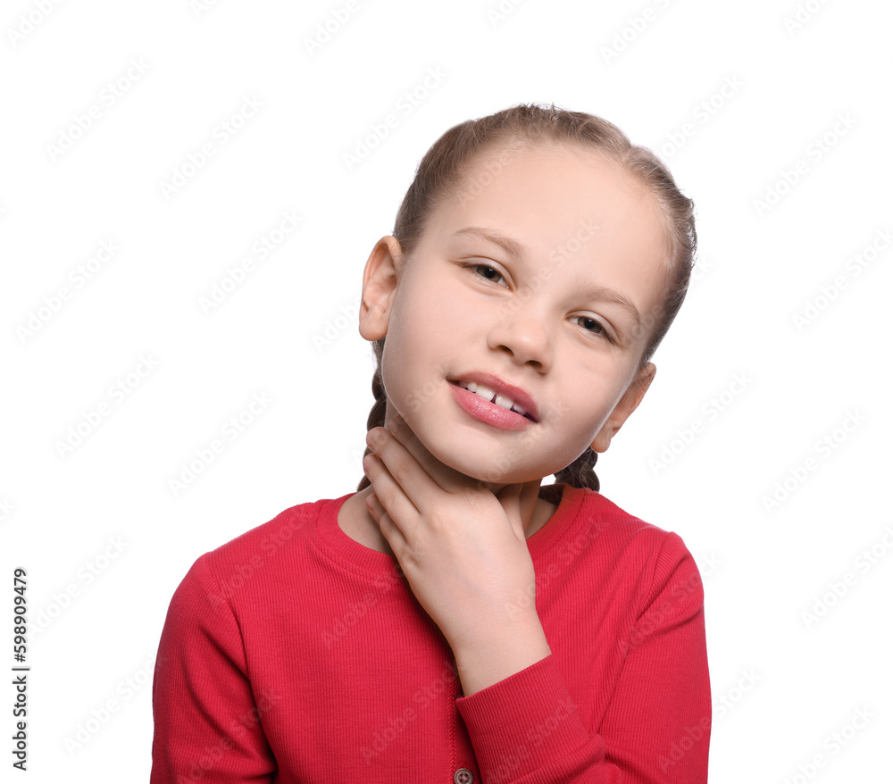 Girl suffering from sore throat on white background Girl suffering from sore throat on white background