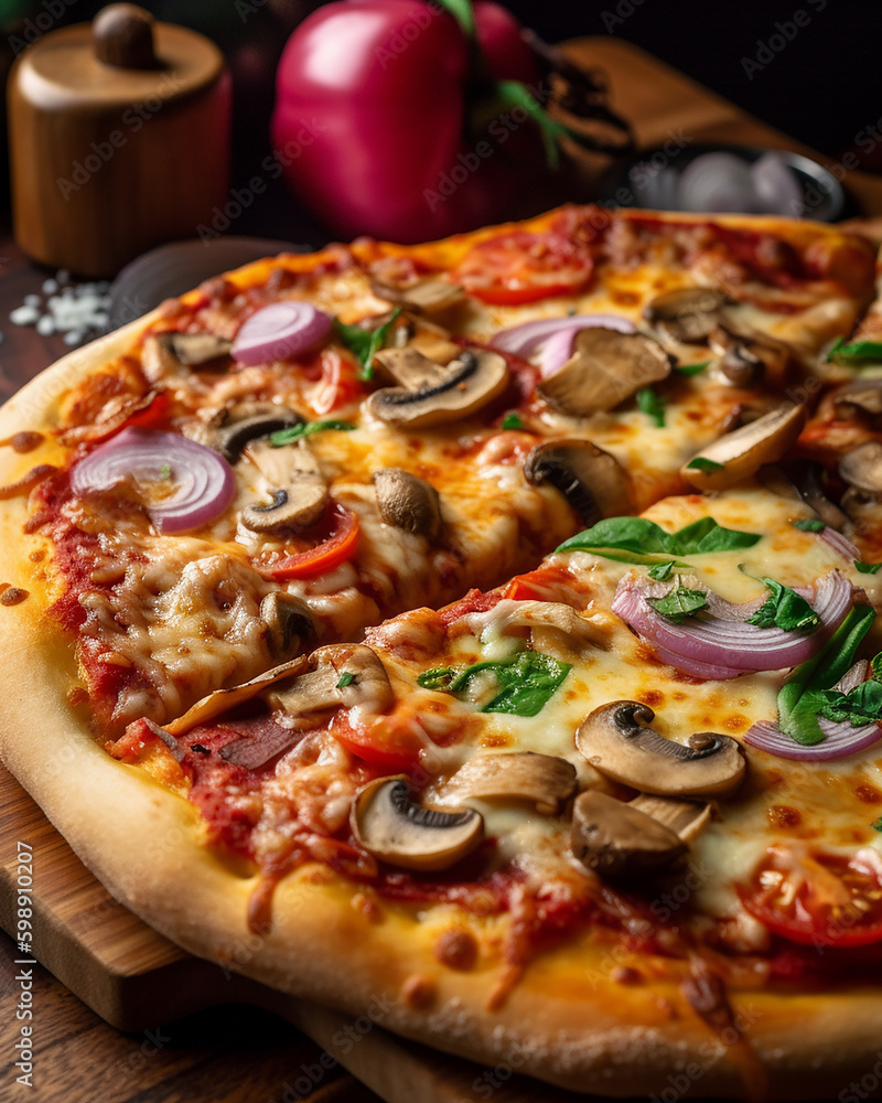 close-up shot of a freshly baked pizza straight out of the oven with melted cheese, vibrant red tomato sauce, and an assortment of toppings. AI image. close-up shot of a freshly baked pizza straight out of the oven with melted cheese, vibrant red tomato sauce, and an assortment of toppings. AI image.