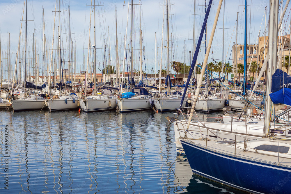 Boats in marina of port in La Cala district of Palermo, capital of Sicily Island, Italy