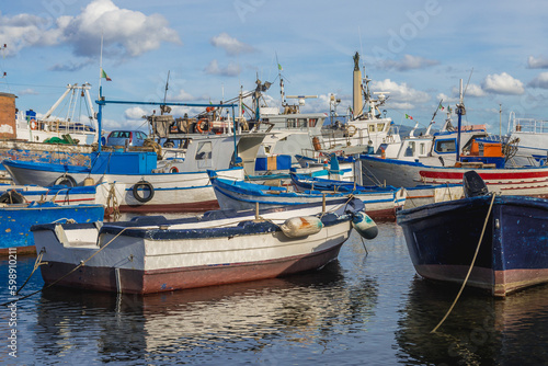 Boats in Porticello area of Santa Flavia city over Tyrrhenian Sea near Palermo on Sicily Island, Italy