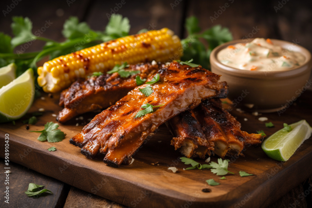 Homemade Spicy Ribs and Corn with Mayo Dip. Generated Ai