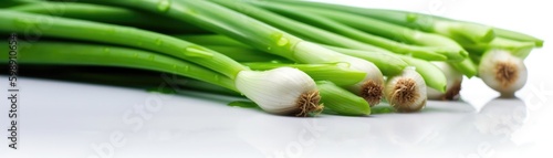 Scallions With Droplets On A White Background. Generative AI