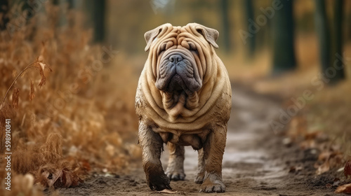 Getting Dirty in the Woods Walking Through Nature with Your Loyal Shar-Pei on Autumn Adventures - AI Generative