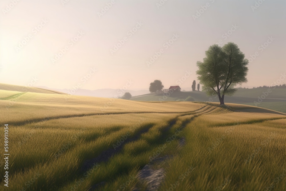 A minimalist landscape with a scenic countryside or farmland, Generative AI