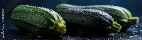 Zucchinis With Droplets On A Blue Background. Generative AI