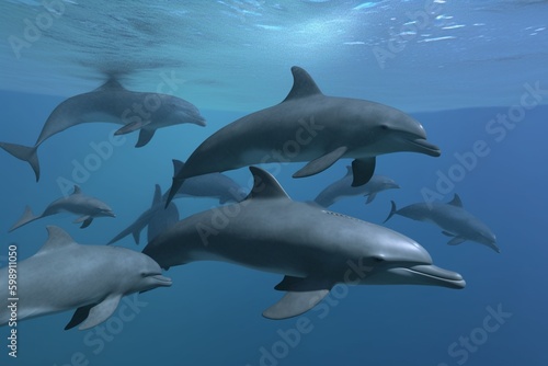 A detailed illustration of a group of sea creatures, such as dolphins or whales, in their natural habitat, Generative AI © Nino37