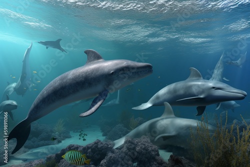 A detailed illustration of a group of sea creatures  such as dolphins or whales  in their natural habitat  Generative AI