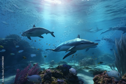 A detailed illustration of a group of sea creatures, such as dolphins or whales, in their natural habitat, Generative AI
