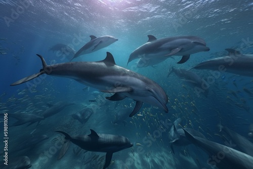 A detailed illustration of a group of sea creatures, such as dolphins or whales, in their natural habitat, Generative AI © Nino37