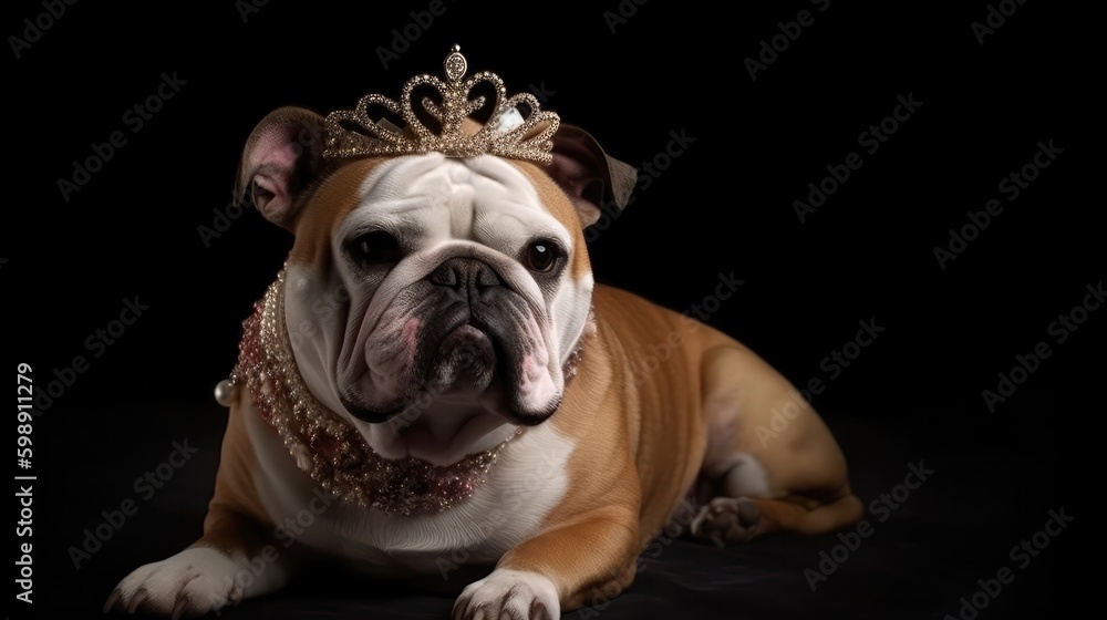 Bulldog Dog Wearing A Princess Costume And A Tiara On Black Background. Generative AI