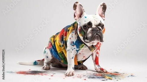 Bulldog Dog With Paintsplattered Clothes And A Paintbrush On White Background. Generative AI © Ян Заболотний