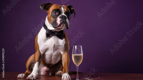 Boxer Dog In A Tuxedo Holding A Champagne Glass On Purple Background. Generative AI © Ян Заболотний