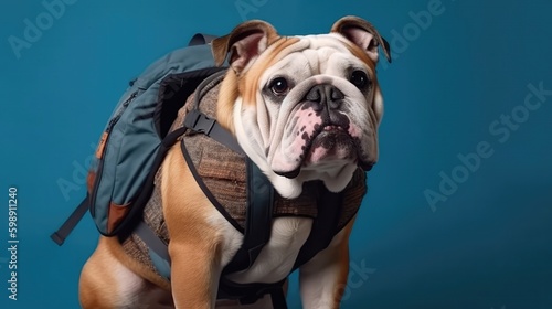 Bulldog Dog With Braided Hair And A Backpack On Blue Background. Generative AI