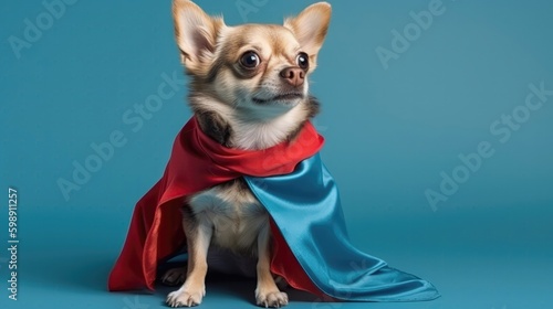 Chihuahua Dog In A Superhero Costume With A Cape And Mask On Blue Background. Generative AI © Ян Заболотний