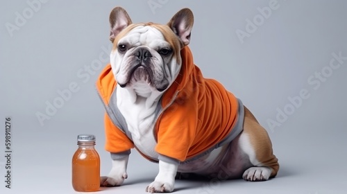 Bulldog Dog In A Tracksuit Holding A Sports Water Bottle On White Background. Generative AI © Ян Заболотний