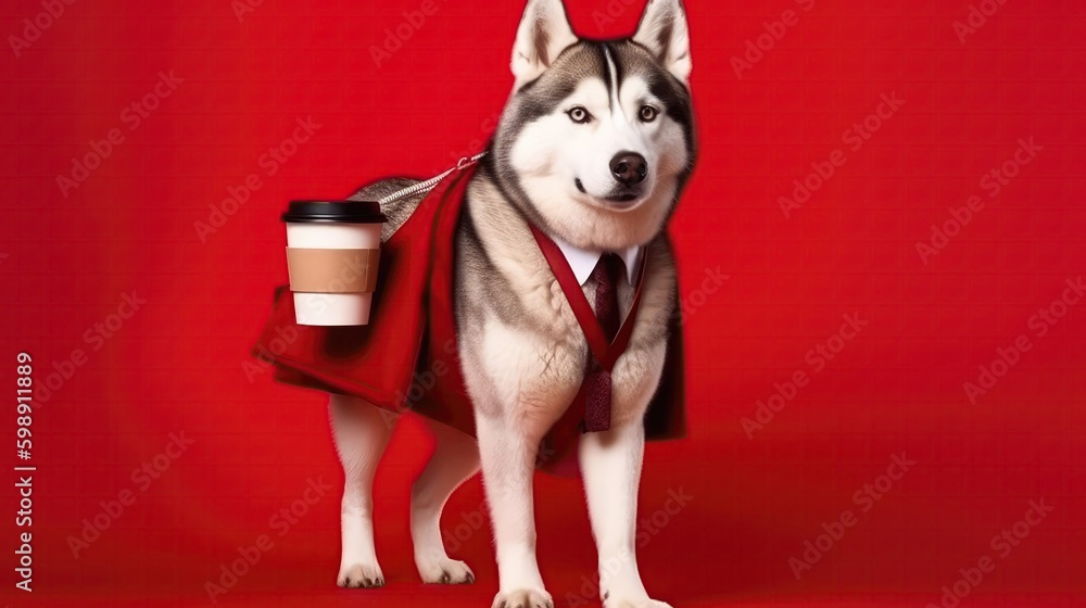 Siberian Husky Dog In A Suit And Tie Carrying A Briefcase And A Cup Of Coffee On Red Background. Generative AI