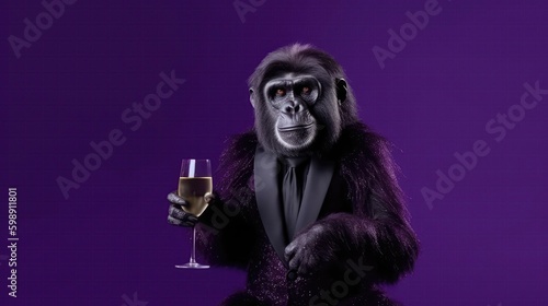 Gorilla Monkey In A Tuxedo Holding A Champagne Glass On Purple Background. Generative AI