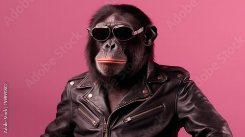 Gorilla Monkey Wearing A Leather Jacket And Sunglasses On Pink Background. Generative AI