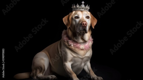 Labrador Retriever Dog Wearing A Princess Costume And A Tiara On Black Background. Generative AI