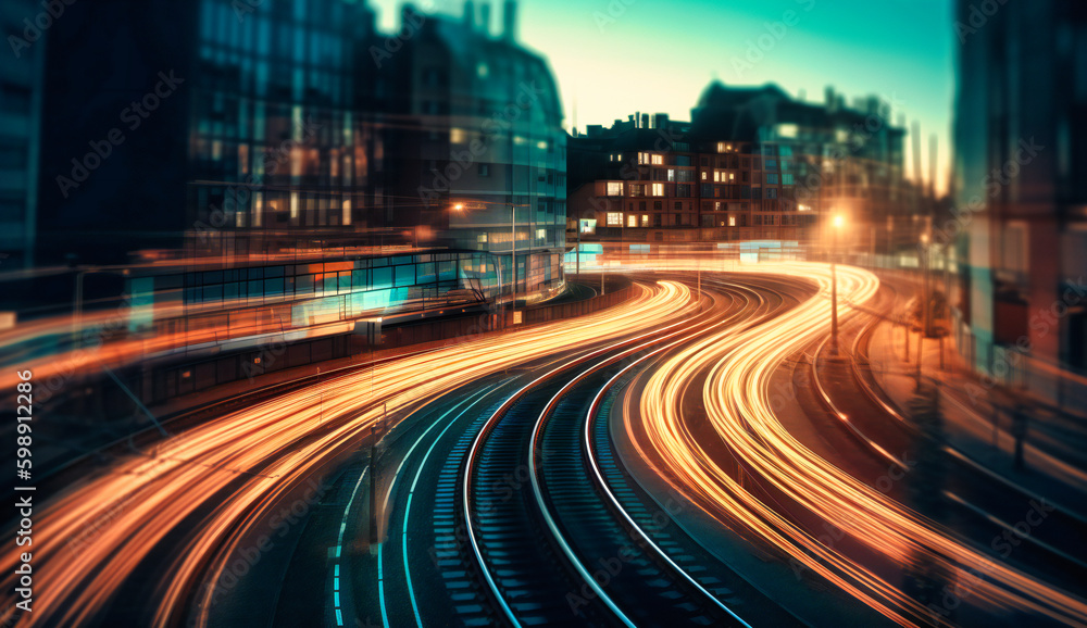motion blur of trains passing into a city - obrazy, fototapety, plakaty 
