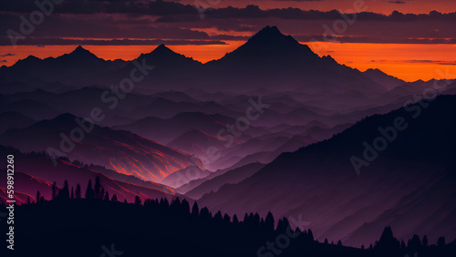 A majestic mountain range, silhouetted against a vibrant orange and pink sky, illuminated by the setting sun. (Generative AI)