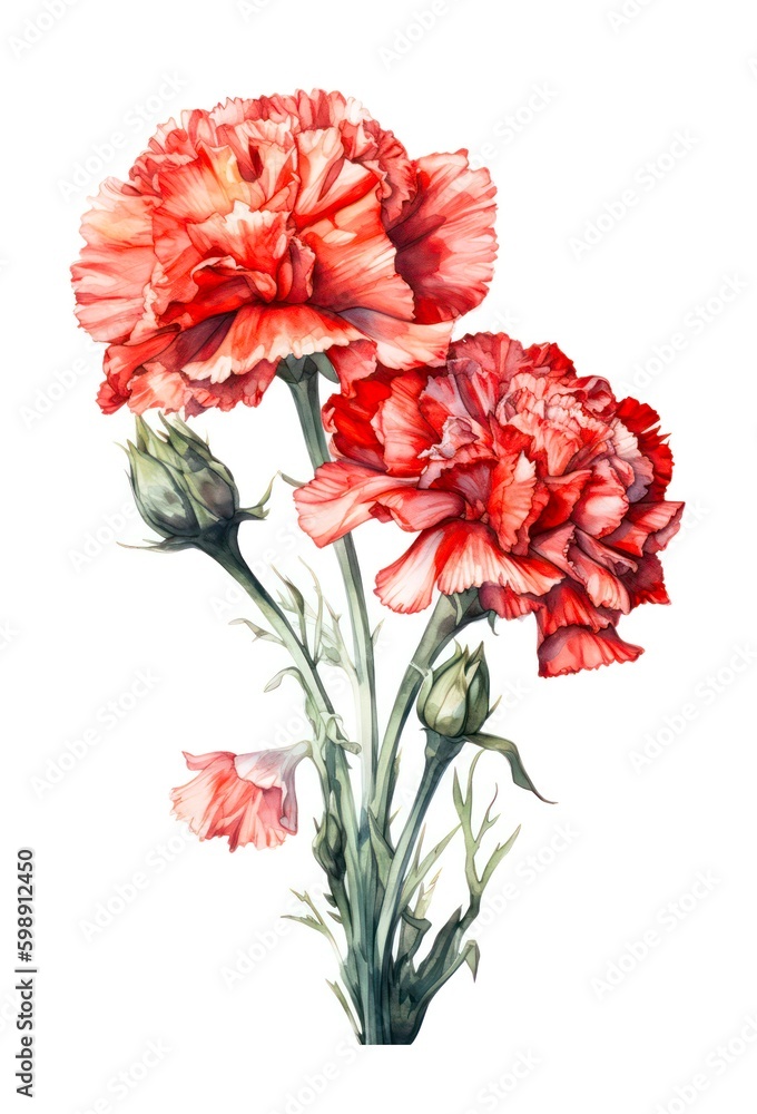 Watercolor illustration of a bouquet of red carnations isolated on white background. Generative AI. Watercolor illustration of a bouquet of red carnations isolated on white background. Generative AI.